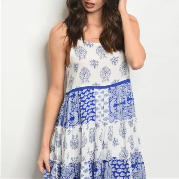 Boho Blue and White Paisley Sleeveless Patchwork Summer Tunic Dress - Picture 4 of 5